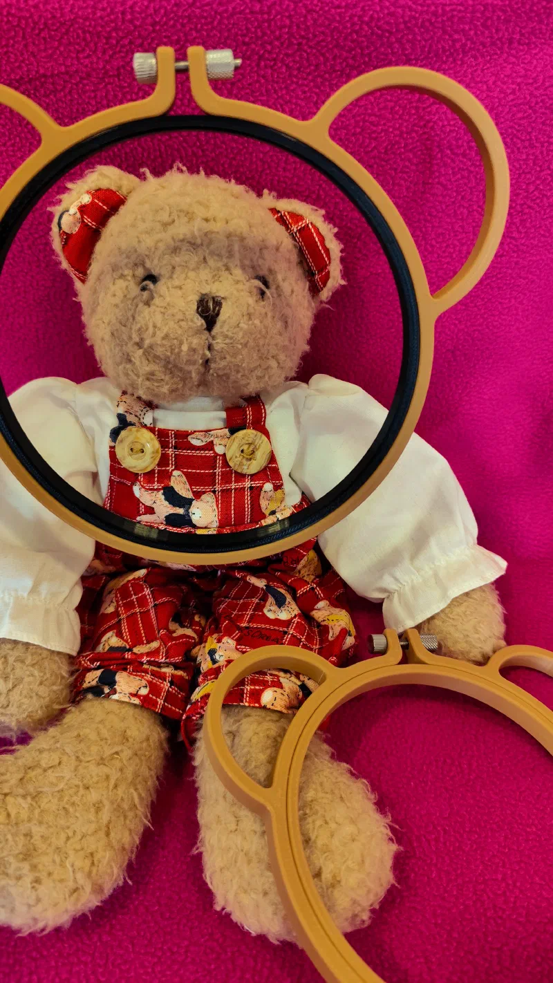 Custom 3D printed bear style embroidery hoop in front cute teddy bear.