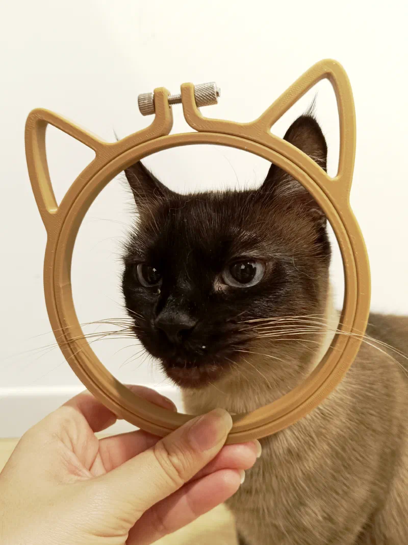 Cat framed with a 3D printed cat style embroidery hoop.