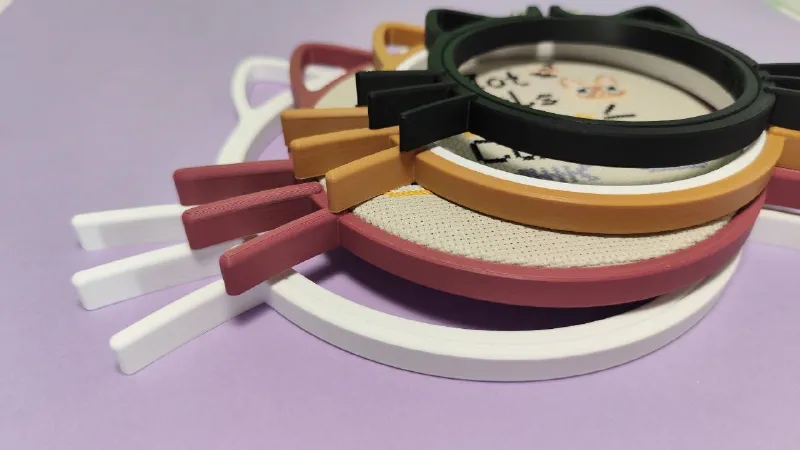 Cat style embroidery hoop with whiskers in multiple sizes.