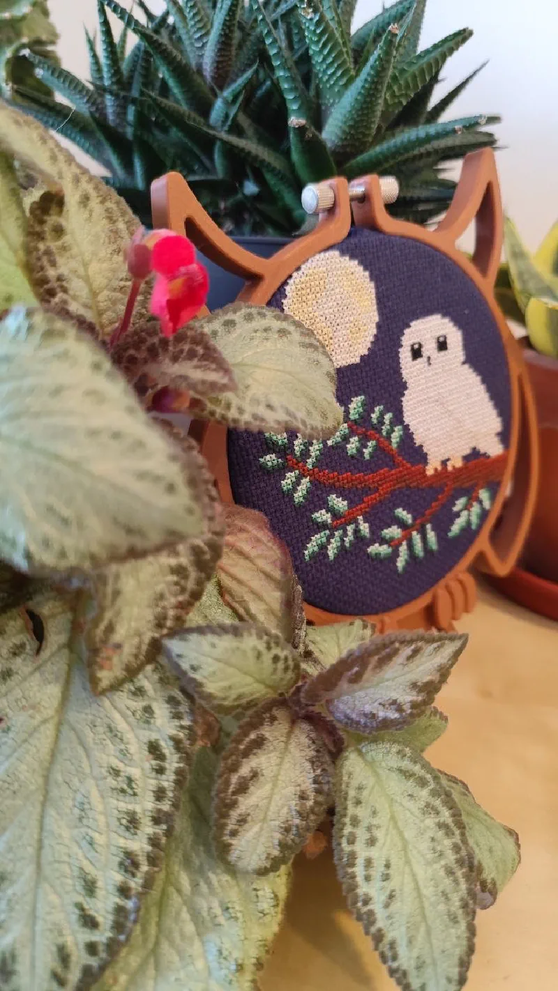 Owl shaped embroidery hoop displayed in plants.